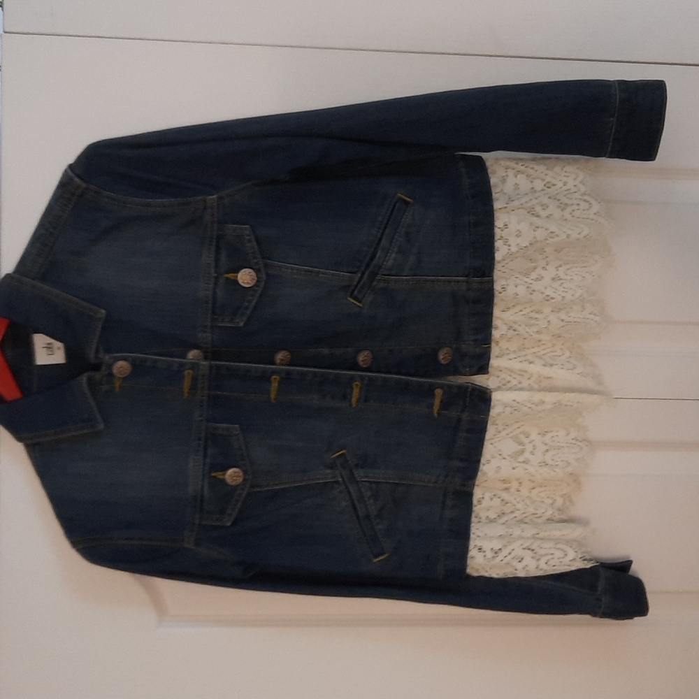 Cabi Dakota denim jacket with removable lace.